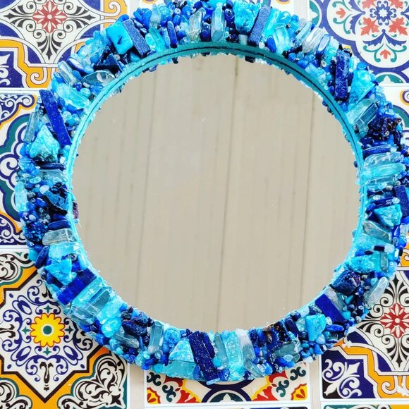 Mirror round with blue crystals - Picture 1 of 7